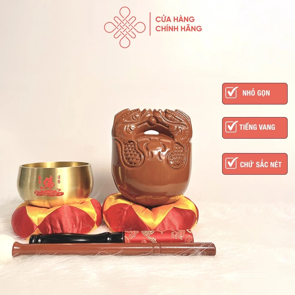 Bộ Chuông Mõ Đài Loan 3.5in, Chuông Trơn Chữ Phật Bằng Đồng, Mõ Long Não - Cửa Hàng Phật Giáo Thái Linh
