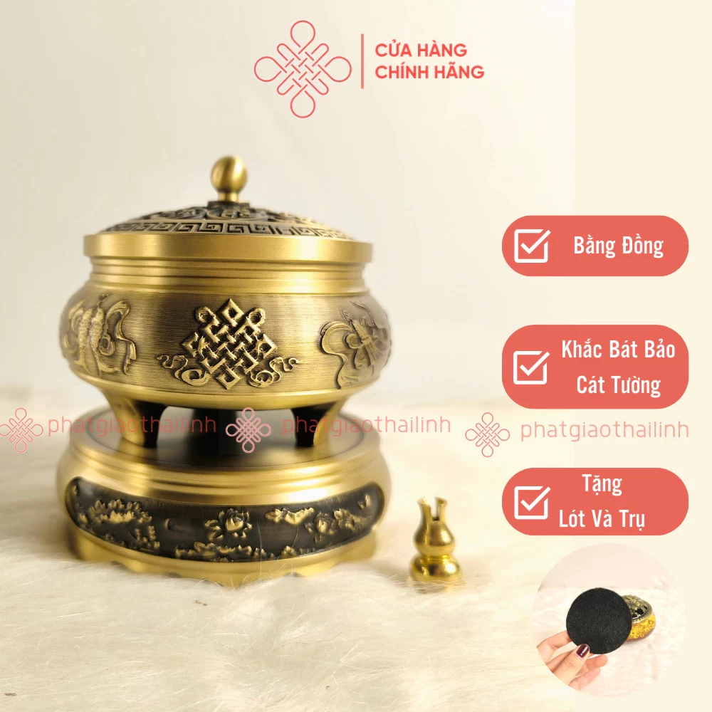 Lư Đồng Xông Trầm Khắc 8 Biểu Tượng Cát Tường ( Tặng Kèm 3 Nụ Trầm) - Cửa Hàng Phật Giáo Thái Linh