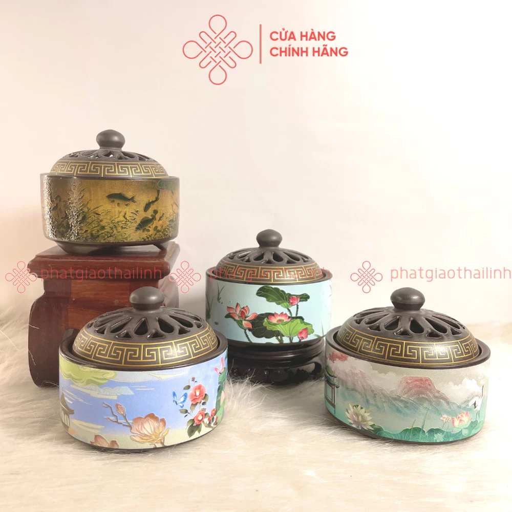 Lư Gốm Xông Trầm Họa Tiết Cung Đình ( Tặng Kèm 5 Nụ Nước Hoa)- Cửa Hàng Phật Giáo Thái Linh