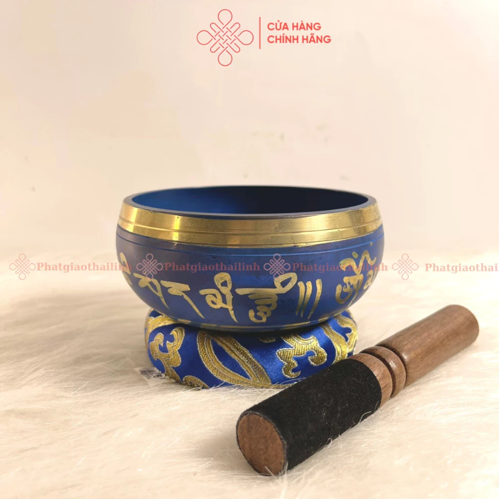 Chuông Xoay Nepal, Bát Hát Màu Xanh ( Kèm Đế Gấm Và Dùi Da) - Cửa Hàng Phật Giáo Thái Linh
