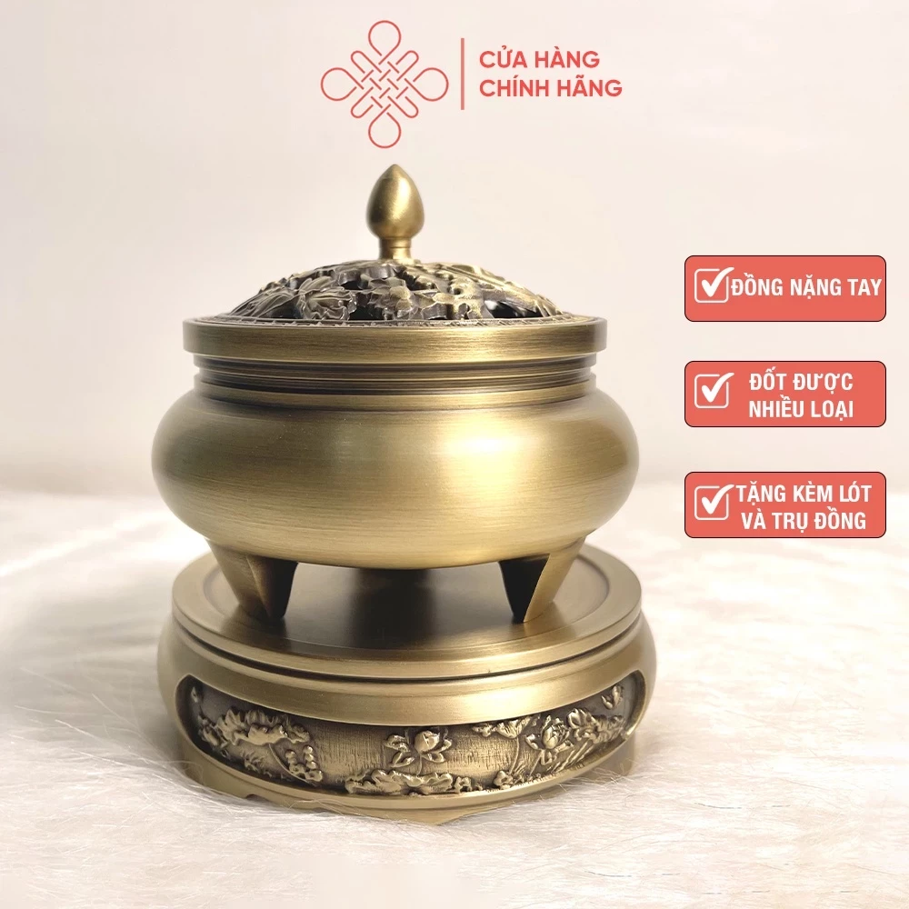 Lư Đồng Nguyên Khối Xông Trầm Tặng Kèm 3 Nụ Trầm Hương (Nắp Ngẫu Nhiên)-Cửa Hàng Phật Giáo Thái Linh